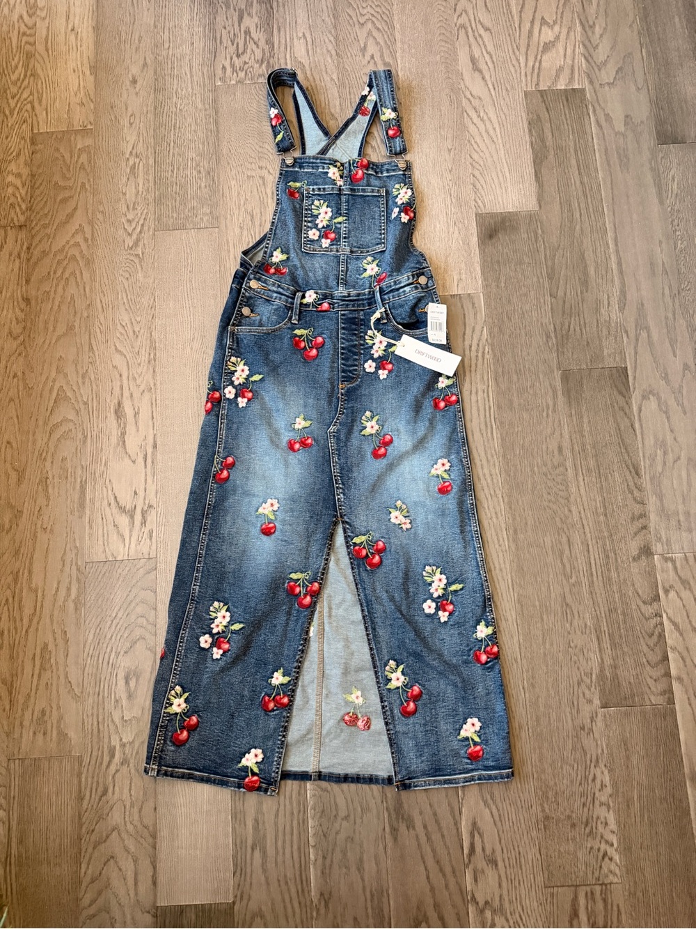NWT Driftwood Cherry Floral Embroidered Denim Overalls Dress XL
